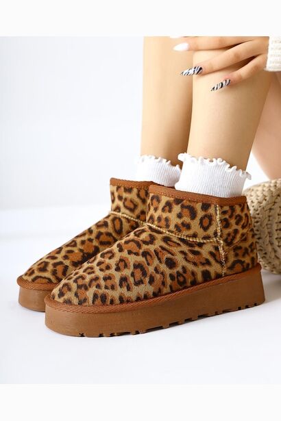 Teel Içi Kürklü Mini Süet Kışlık Taban Bot & Bootie  Leopar