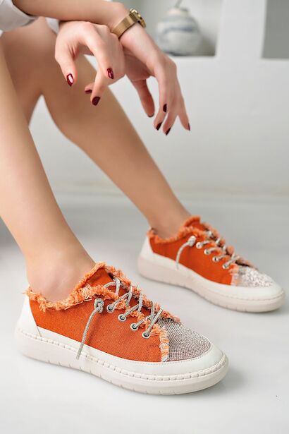 Neva Taşlı Düz Taban Kadın Kot Sneakers  Mercan